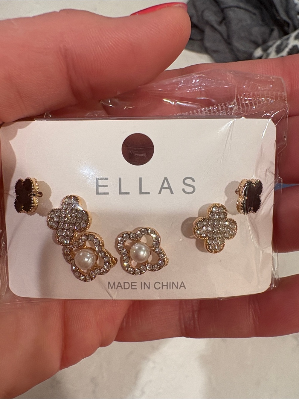 Ella Gold Crystal & Pearl Clover Stud Earring Set with Black Accent
